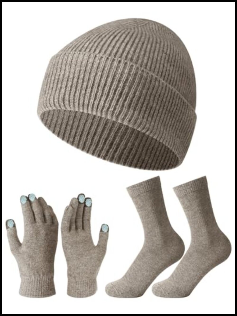 100% Wool Winter Hat Gloves Socks Set 3 Pc Touchscreen Beanie